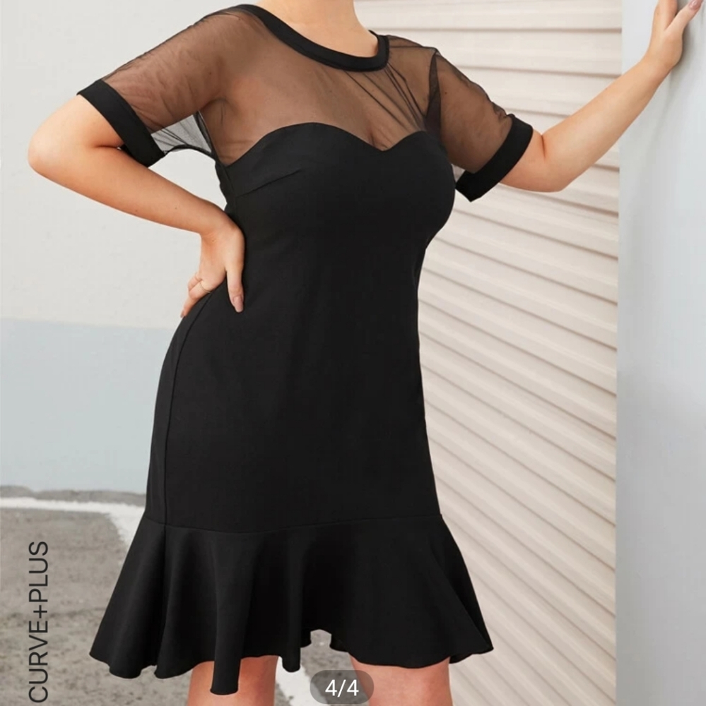 Deep V Back Sheer Mesh Yoke Trim Flounce Hem Dress
